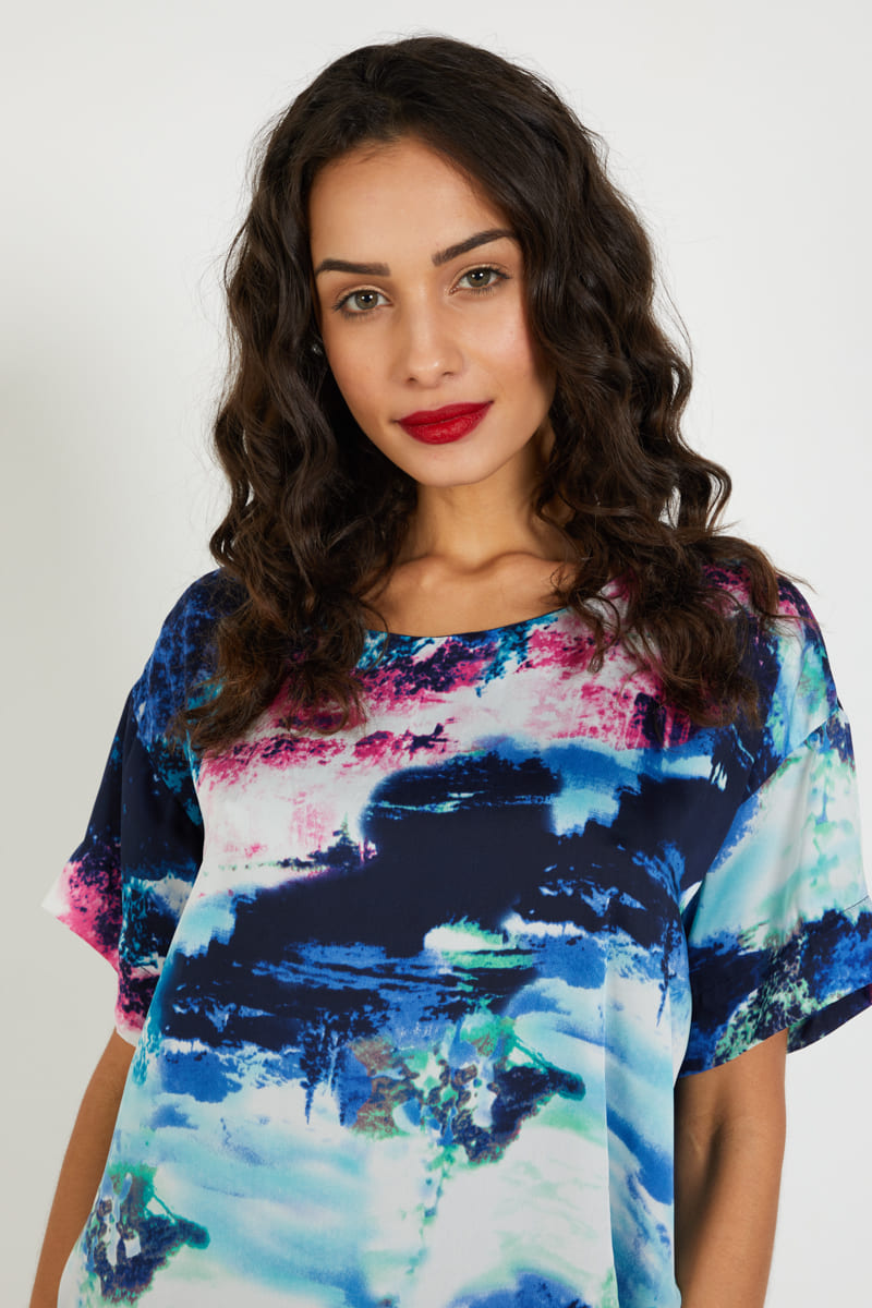 Blusa mujer holgada, top suelto manga corta, diseño artístico, cuello redondo, tejido fresco, corte relajado, moderna, color azul, talla 38, look casual elegante, cómoda y versátil, combina jeans o faldas, ✅Entrega 24/48h