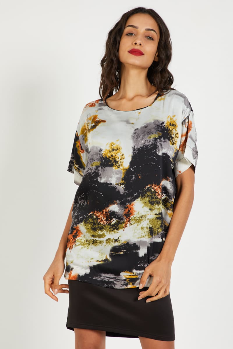 Vestido mujer, dress, outfit modelo LA-010386, muselina ligera, estampado abstracto multicolor, corte recto, escote redondo, manga corta, con forro, bajo elástico, talla 38, cómodo versátil elegante ✅Entrega 24/48h