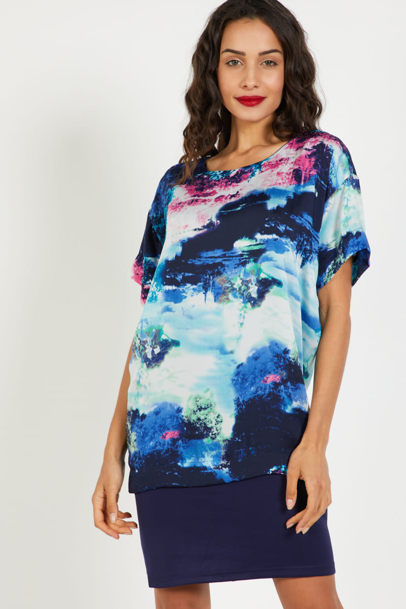 Blusa mujer holgada, top suelto manga corta, diseño artístico, cuello redondo, tejido fresco, corte relajado, moderna, color azul, talla 38, look casual elegante, cómoda y versátil, combina jeans o faldas, ✅Entrega 24/48h