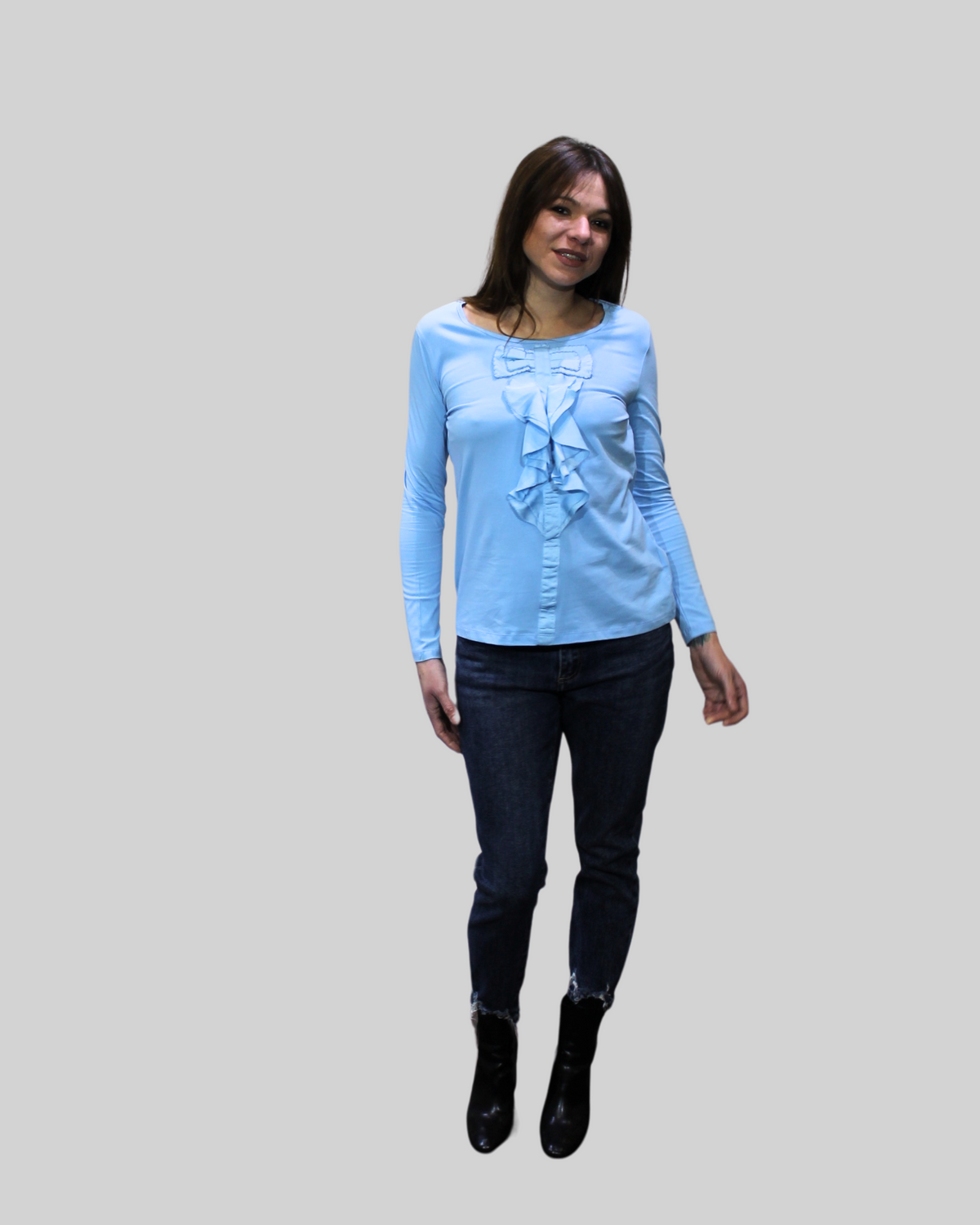 Blusa mujer algodón elegante, top, camisa, volantes frontales, manga larga, cuello redondo, azul claro, talla 38, ideal oficina casual, suave y cómoda, look sofisticado ✅Entrega 24/48h