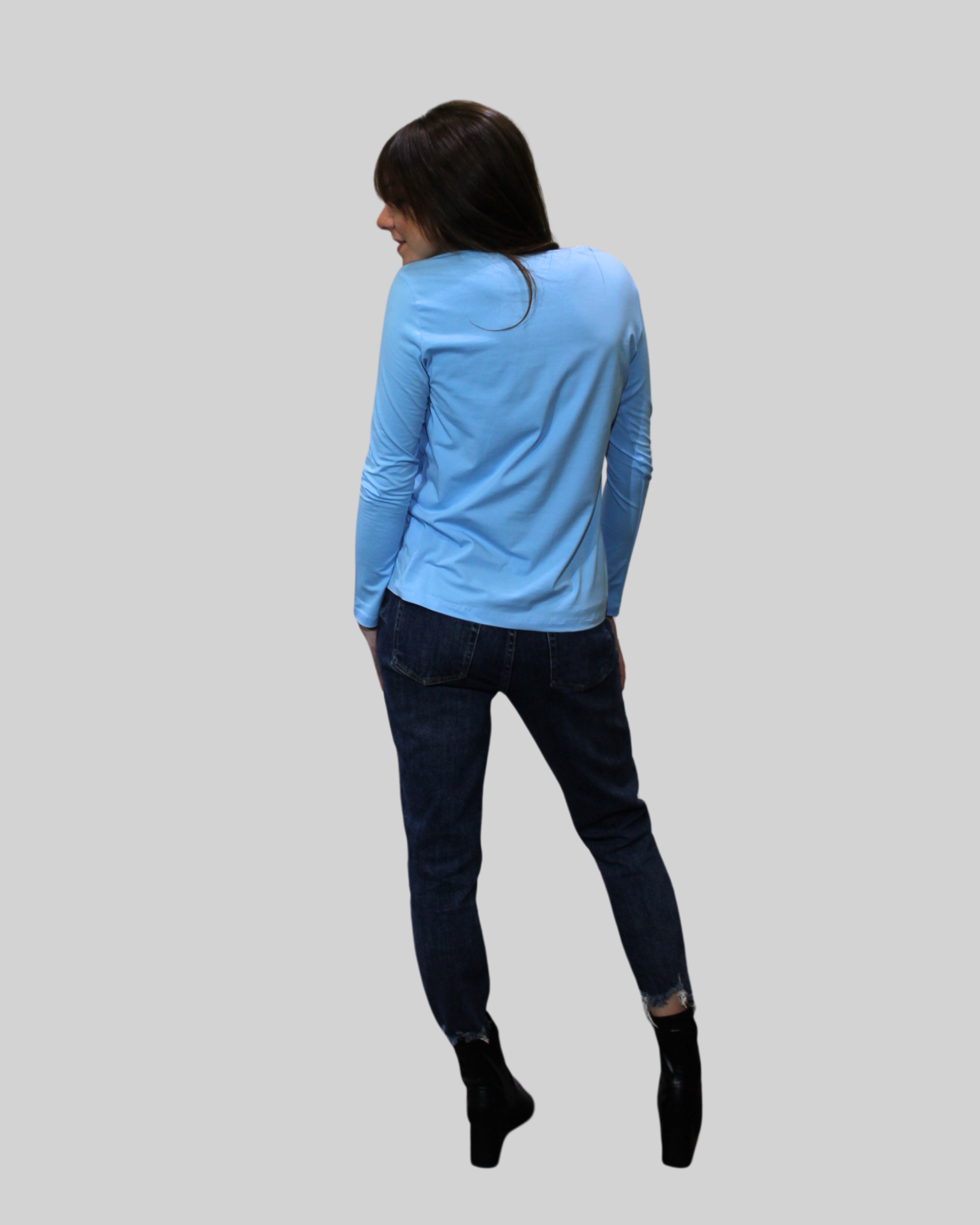 Blusa mujer algodón elegante, top, camisa, volantes frontales, manga larga, cuello redondo, azul claro, talla 38, ideal oficina casual, suave y cómoda, look sofisticado ✅Entrega 24/48h