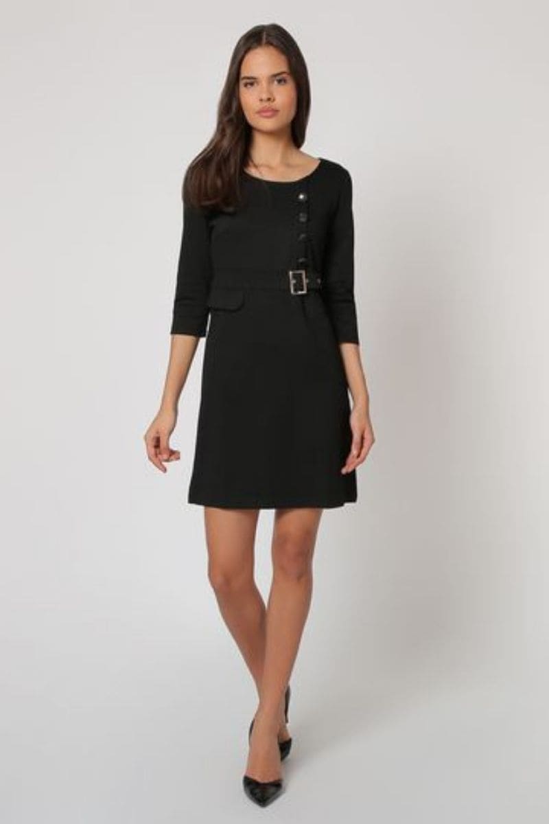Vestido corto elegante, dress, outfit, textura suave, manga tres cuartos, cierre botones, cinturón decorativo, corte recto, negro, talla 38, versátil, ideal oficina y eventos, realza figura, femenino, cómodo ✅Entrega 24/48h