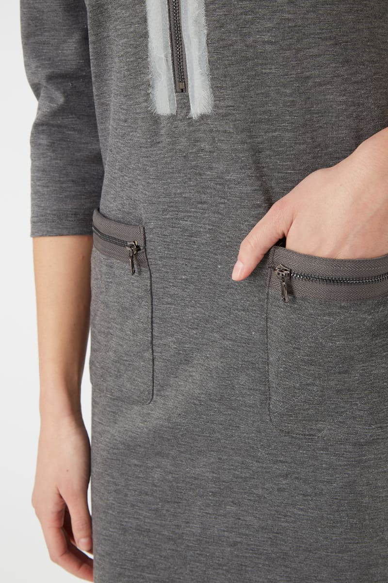 Vestido casual mujer, dress urbano tejido suave, cremallera metálica frontal, bolsillos prácticos, corte corto, manga 3/4, color gris, talla 40, cómodo y versátil diario oficina salida ✅Entrega 24/48h