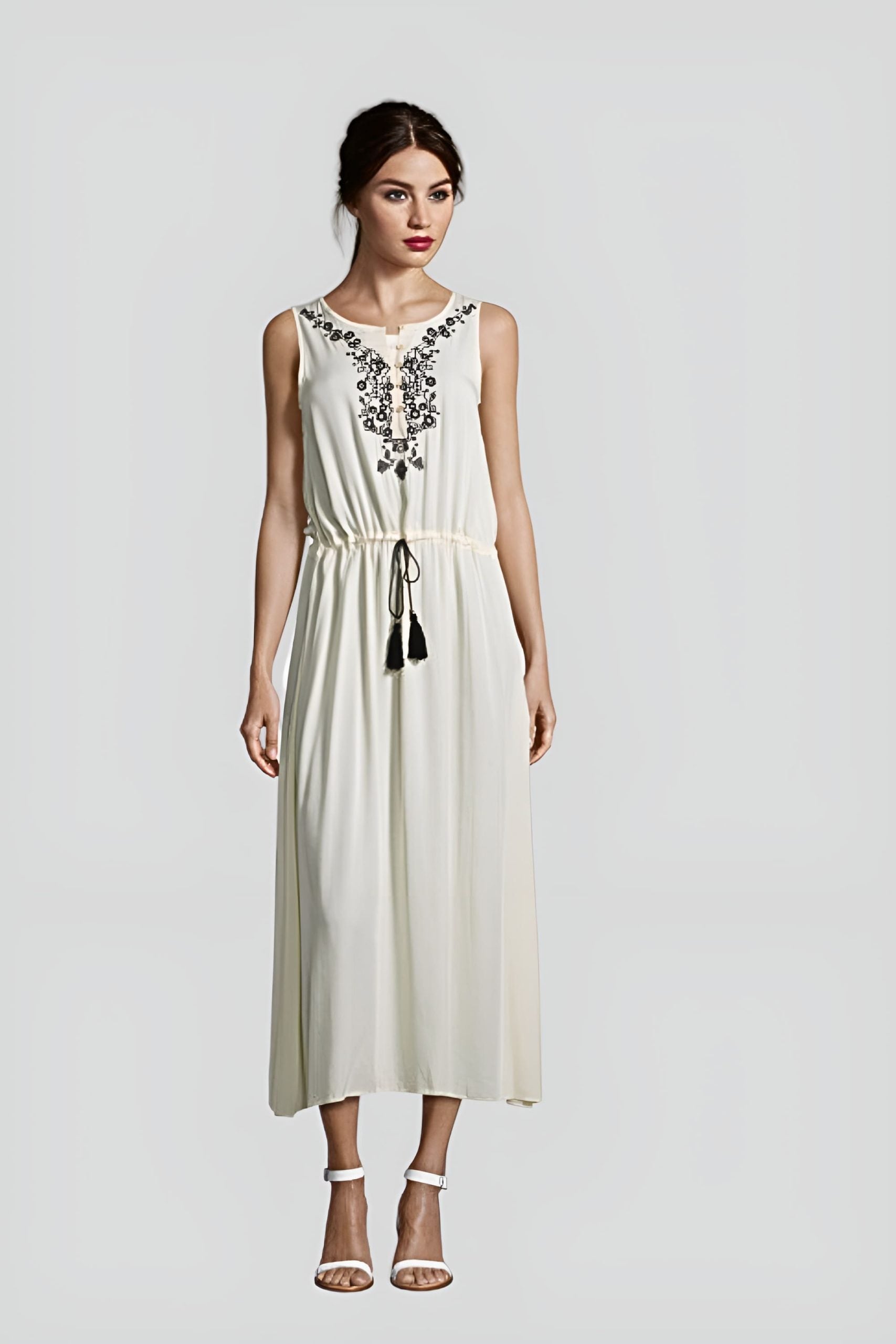 Vestido largo mujer algodón, dress sin mangas bordado étnico, cintura ajustable, cuello redondo, modelo casual elegante, talla 38, color blanco ideal verano, cómodo y fresco, outfit versátil ✅Entrega 24/48h