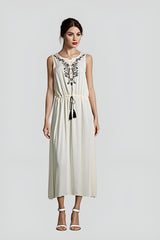 Vestido largo mujer algodón, dress sin mangas bordado étnico, cintura ajustable, cuello redondo, modelo casual elegante, talla 38, color blanco ideal verano, cómodo y fresco, outfit versátil ✅Entrega 24/48h