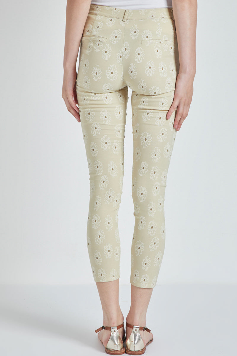 Pantalón mujer 7/8 algodón estampado fantasía beige, cremallera, bolsillos laterales y traseros, trabillas cintura, diseño actual, corte tobillero, cómodo, versátil, talla 38 ✅Entrega 24/48h