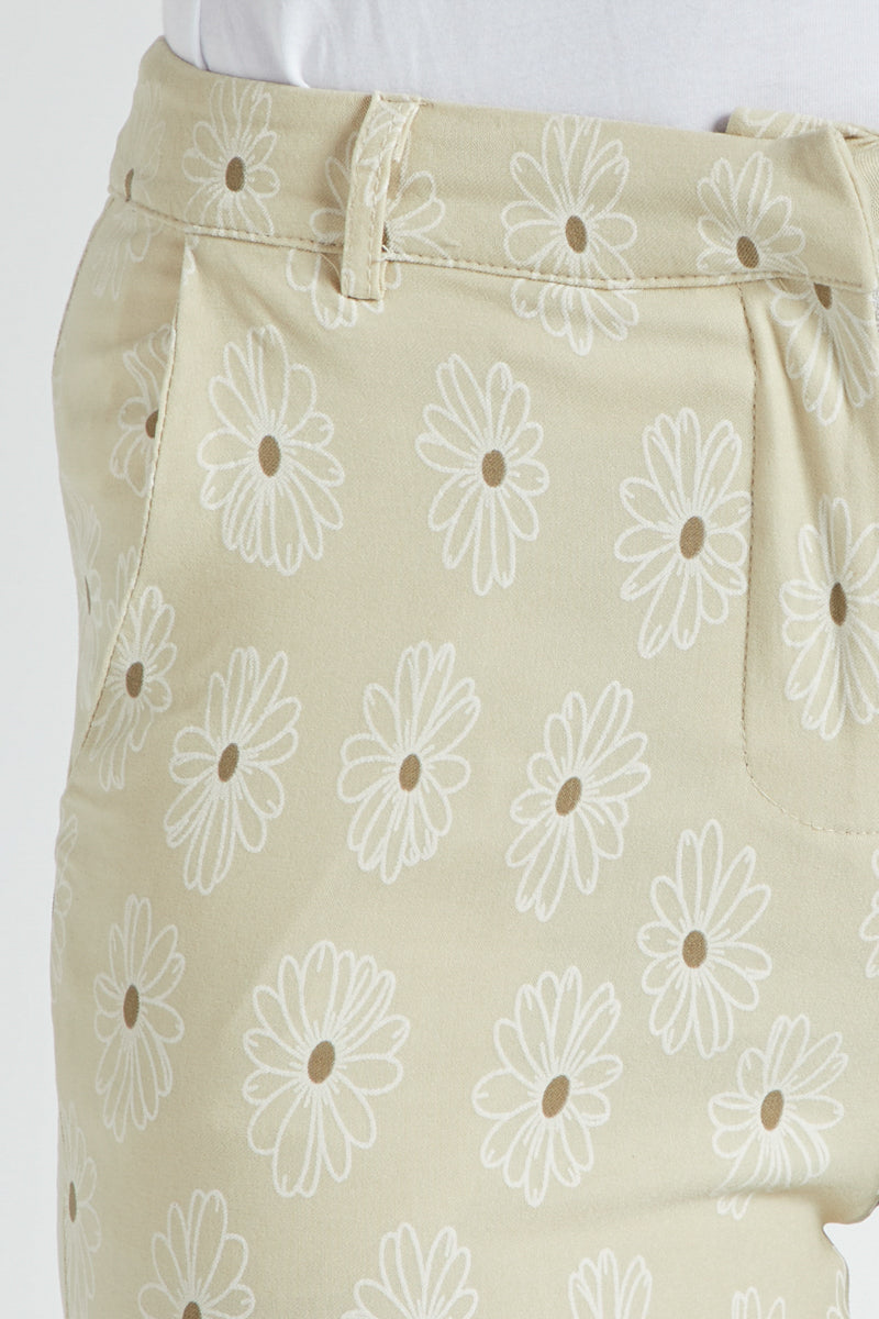 Pantalón mujer 7/8 algodón estampado fantasía beige, cremallera, bolsillos laterales y traseros, trabillas cintura, diseño actual, corte tobillero, cómodo, versátil, talla 38 ✅Entrega 24/48h