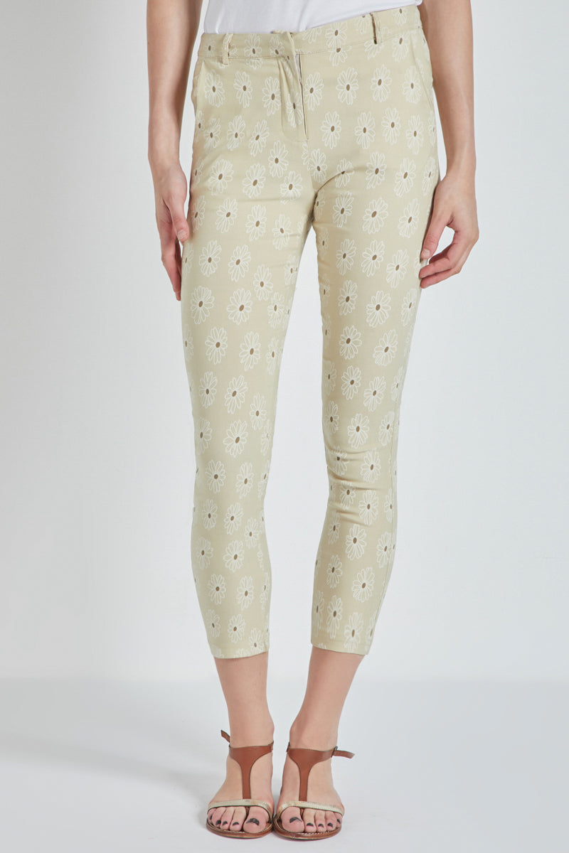 Pantalón mujer 7/8 algodón estampado fantasía beige, cremallera, bolsillos laterales y traseros, trabillas cintura, diseño actual, corte tobillero, cómodo, versátil, talla 38 ✅Entrega 24/48h