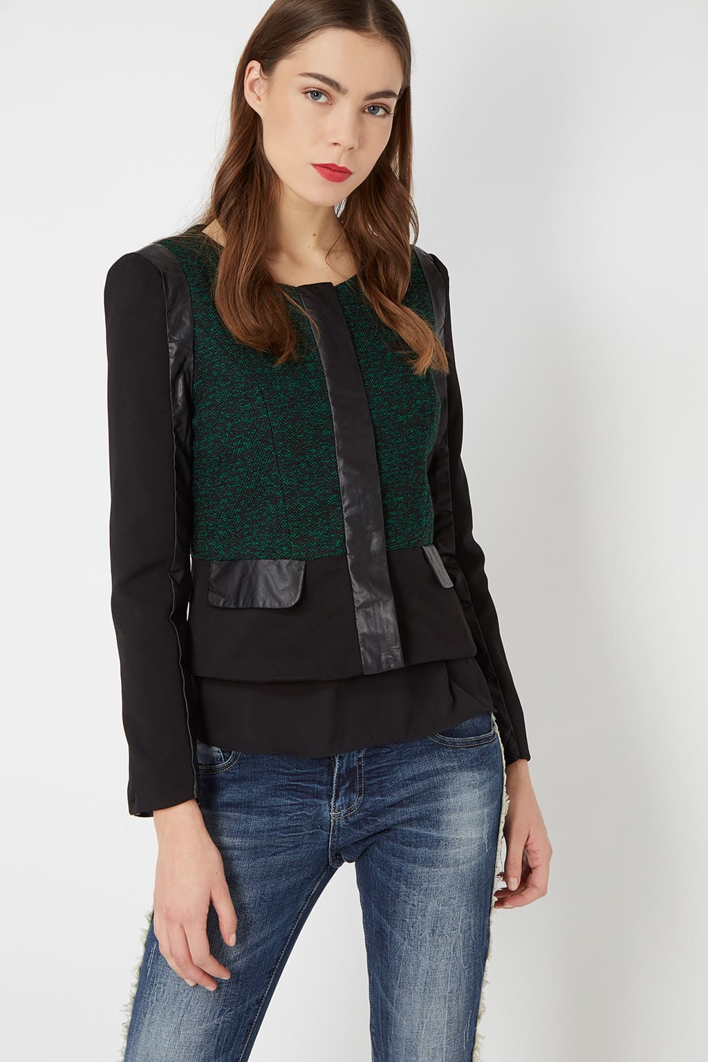 Chaqueta mujer tweed combinada blazer ribetes simil piel cuello redondo manga larga cremallera forro elegante estilo urbano color verde talla M versátil y cómoda ✅Entrega 24/48h
