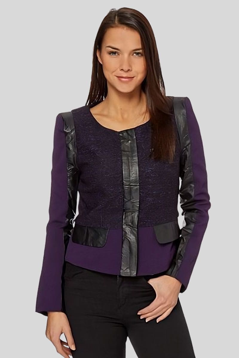 Chaqueta mujer tipo abrigo elegante, tweed símil piel, cuello redondo, manga larga, cierre cremallera, forro, corte clásico, cómoda y sofisticada, color morado, talla S disponible ✅Entrega 24/48h