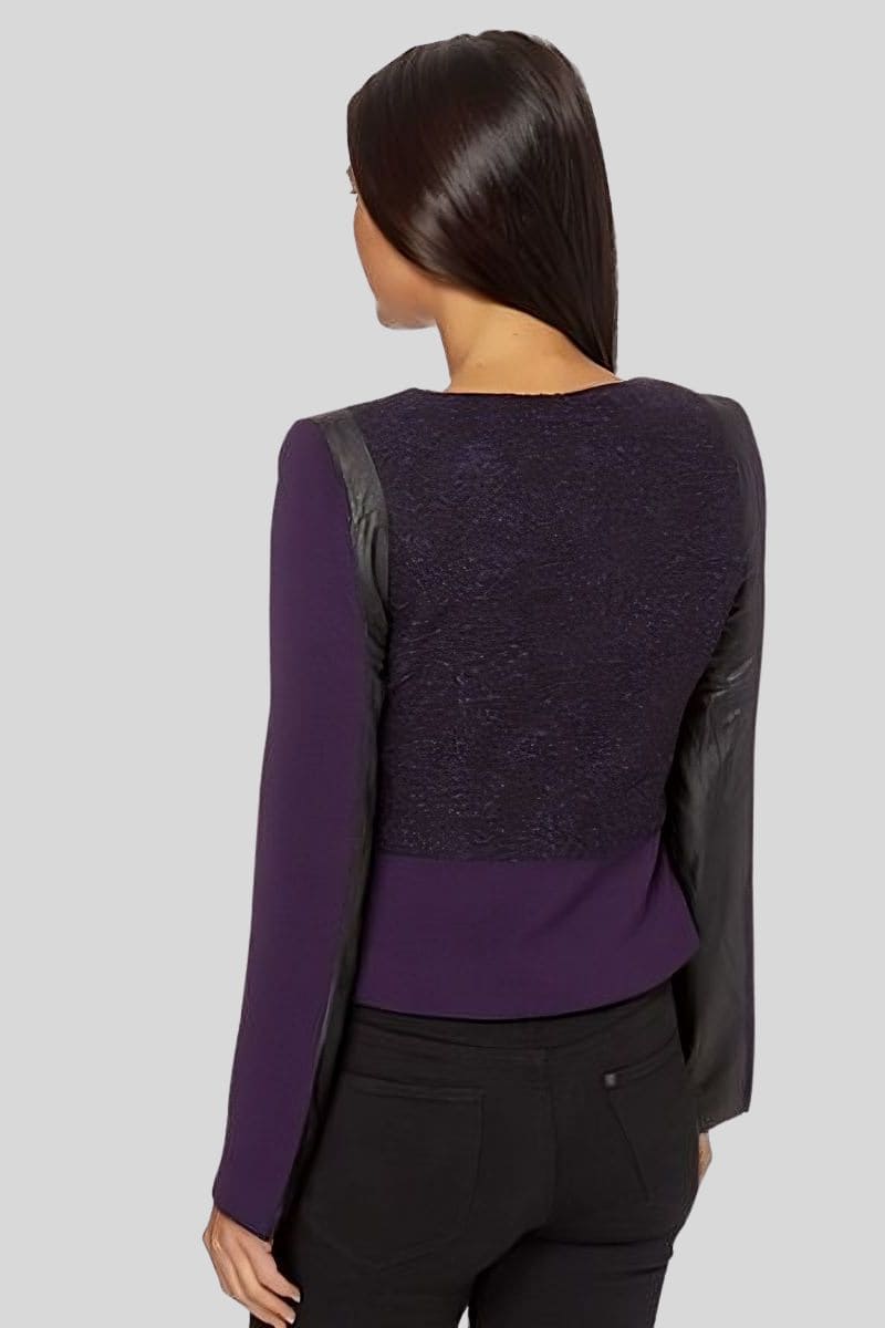Chaqueta mujer tipo abrigo elegante, tweed símil piel, cuello redondo, manga larga, cierre cremallera, forro, corte clásico, cómoda y sofisticada, color morado, talla S disponible ✅Entrega 24/48h
