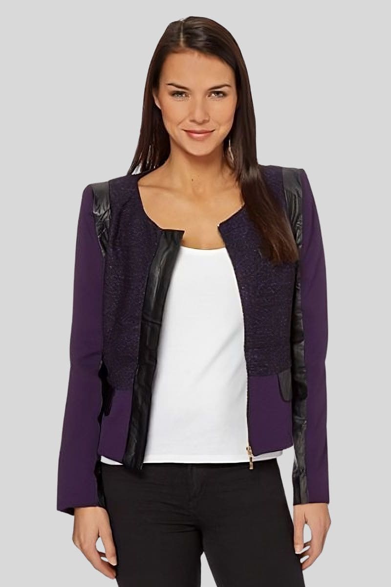 Chaqueta mujer tipo abrigo elegante, tweed símil piel, cuello redondo, manga larga, cierre cremallera, forro, corte clásico, cómoda y sofisticada, color morado, talla S disponible ✅Entrega 24/48h