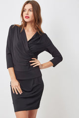 Vestido elegante mujer, dress cruzado escote drapeado manga tres cuartos, textura suave, corte ajustado, look sofisticado oficina, color negro, talla 38, outfit versátil tacones botines ✅Entrega 24/48h