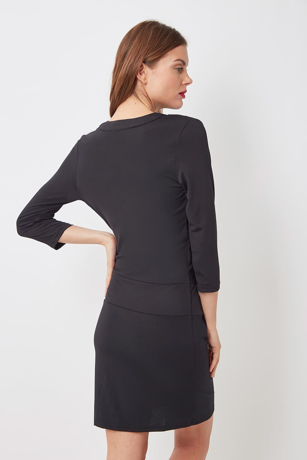 Vestido elegante mujer, dress cruzado escote drapeado manga tres cuartos, textura suave, corte ajustado, look sofisticado oficina, color negro, talla 38, outfit versátil tacones botines ✅Entrega 24/48h