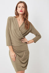 Vestido mujer elegante, vestido corto drapeado, dress manga francesa, escote V cruzado, corte ajustado, color verde oliva, suave tejido, talla 38, cómodo versátil elegante, eventos oficina urbano ✅Entrega 24/48h