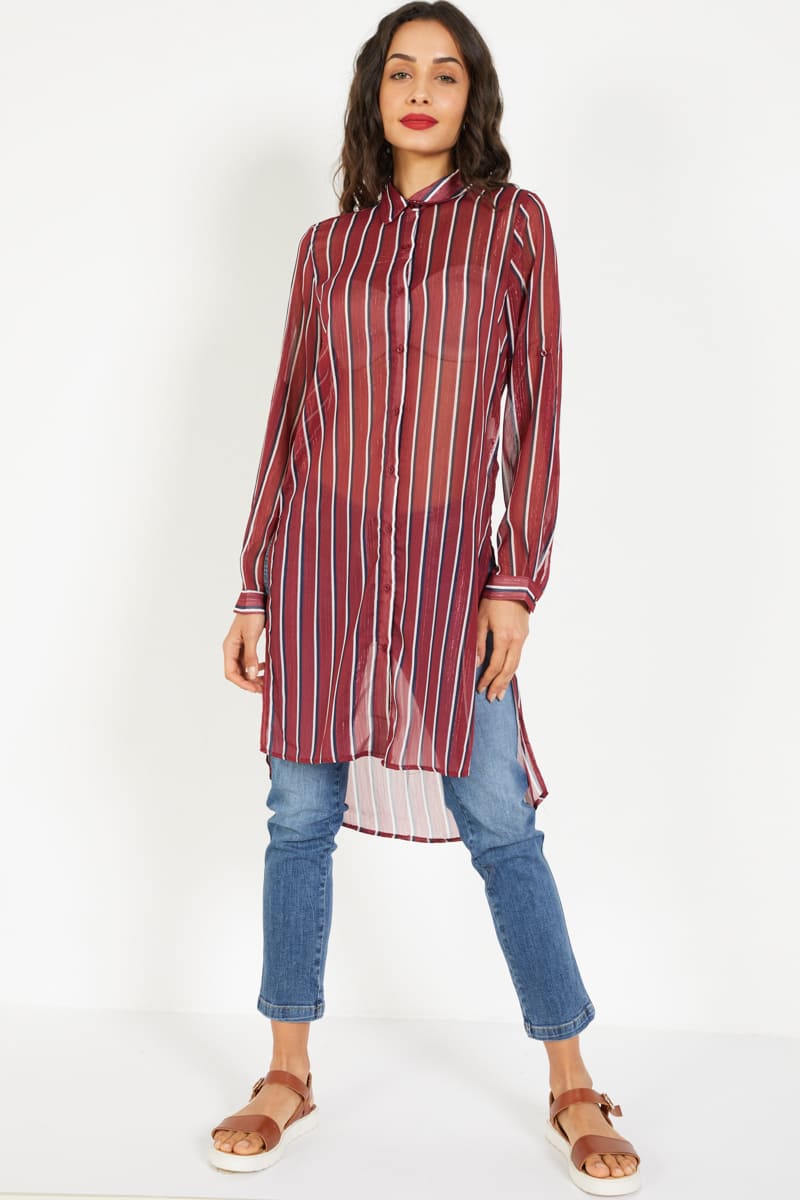 Blusón largo mujer, camisa tunica oversize, rayas, tejido semitransparente, manga larga ajustable, cuello clásico, bajo asimétrico, abertura lateral, color burdeos, talla 38, elegante y versátil ✅Entrega 24/48h