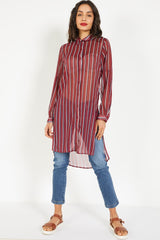 Blusón largo mujer, camisa tunica oversize, rayas, tejido semitransparente, manga larga ajustable, cuello clásico, bajo asimétrico, abertura lateral, color burdeos, talla 38, elegante y versátil ✅Entrega 24/48h