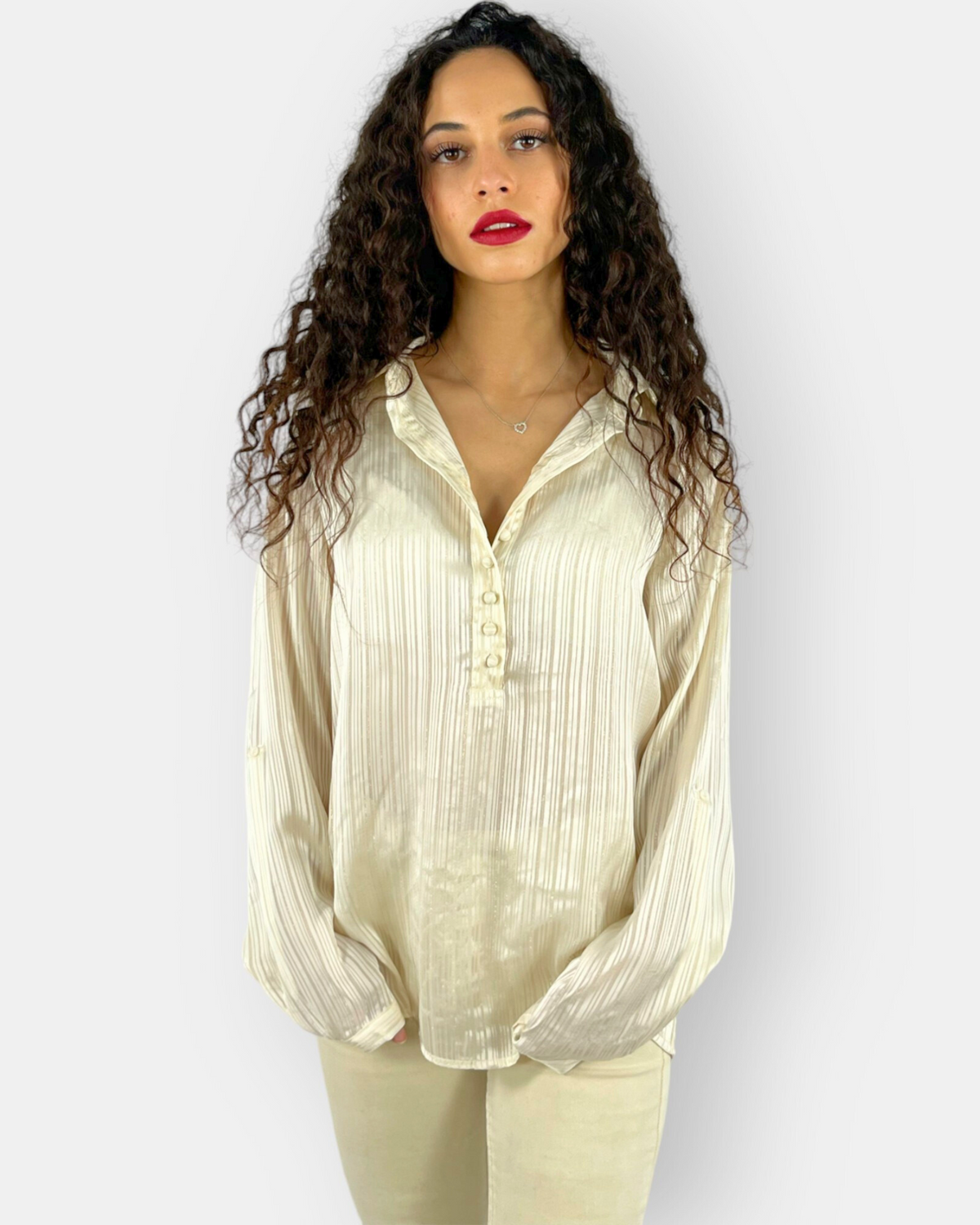 Blusa satinada mujer camisa elegante textura acanalada botones delanteros manga larga ligera sofisticada cómoda urbana oficina color beige talla 38 ✅Entrega 24/48h