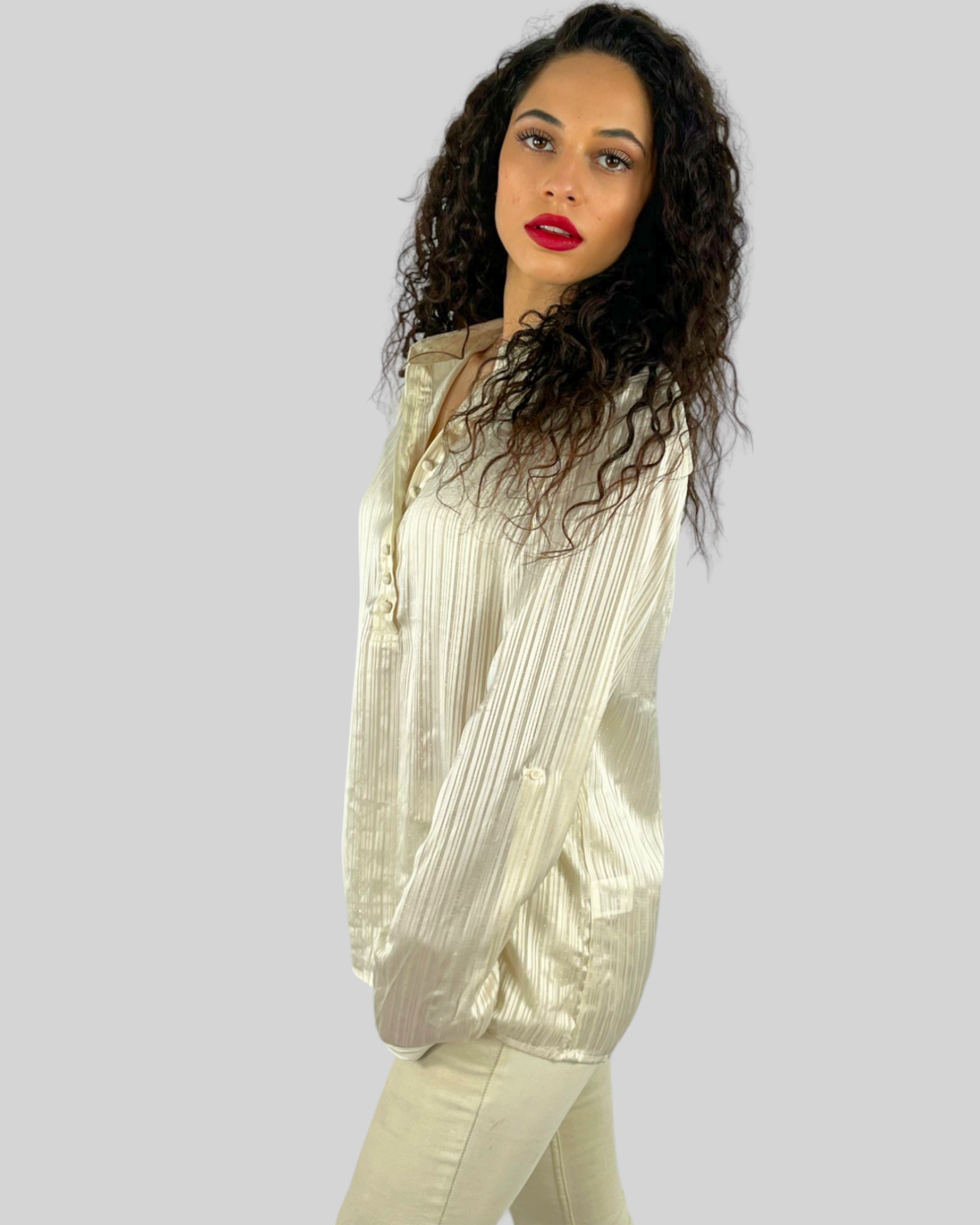 Blusa satinada mujer camisa elegante textura acanalada botones delanteros manga larga ligera sofisticada cómoda urbana oficina color beige talla 38 ✅Entrega 24/48h