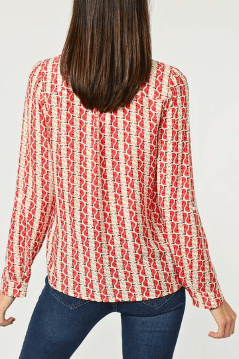 Blusa clásica mujer camisa algodón estampado retro geométrico botones manga larga, fresca y ligera, ideal oficina casual, color rojo, talla 38, versátil y moderna, fácil combinación ✅Entrega 24/48h