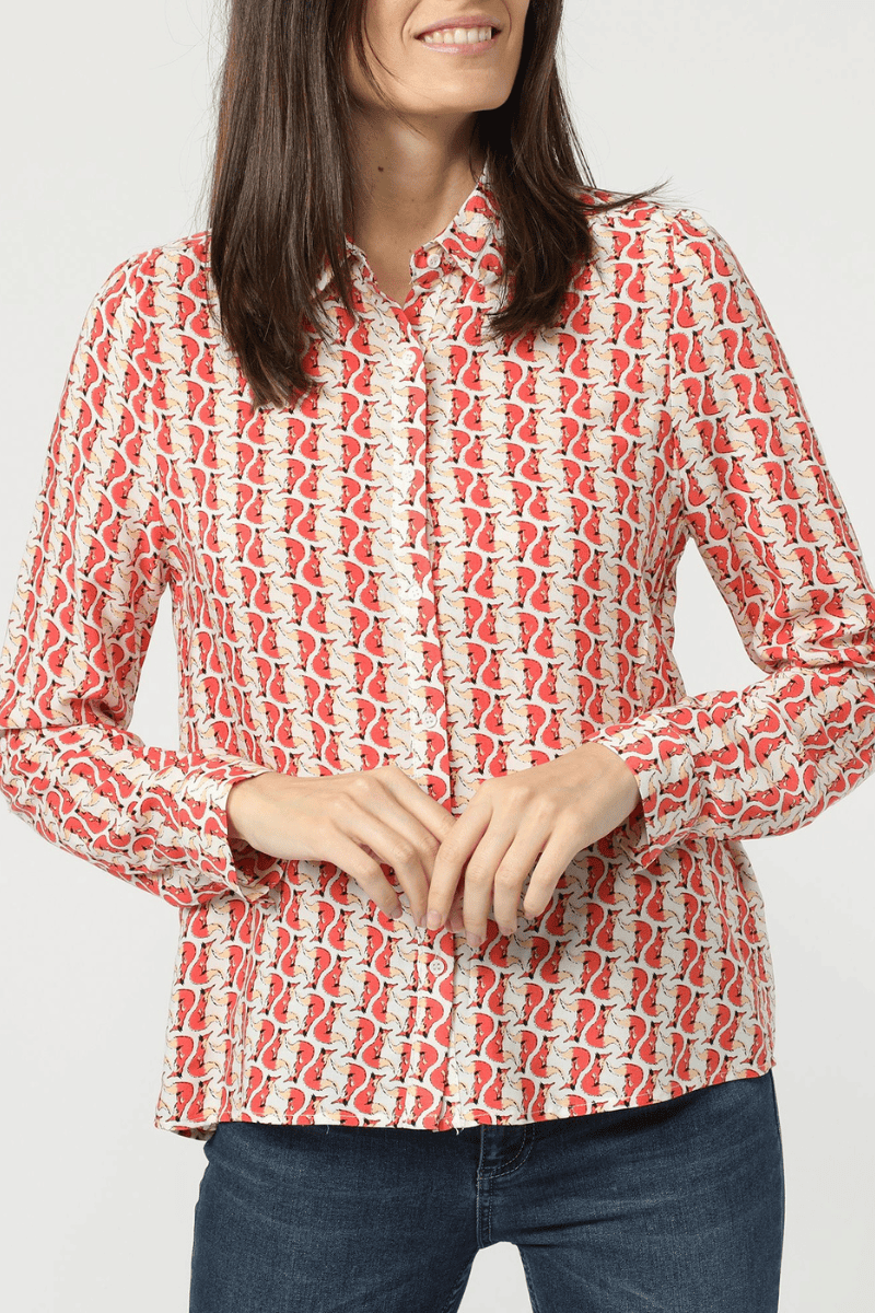 Blusa clásica mujer camisa algodón estampado retro geométrico botones manga larga, fresca y ligera, ideal oficina casual, color rojo, talla 38, versátil y moderna, fácil combinación ✅Entrega 24/48h