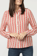 Blusa clásica mujer camisa algodón estampado retro geométrico botones manga larga, fresca y ligera, ideal oficina casual, color rojo, talla 38, versátil y moderna, fácil combinación ✅Entrega 24/48h