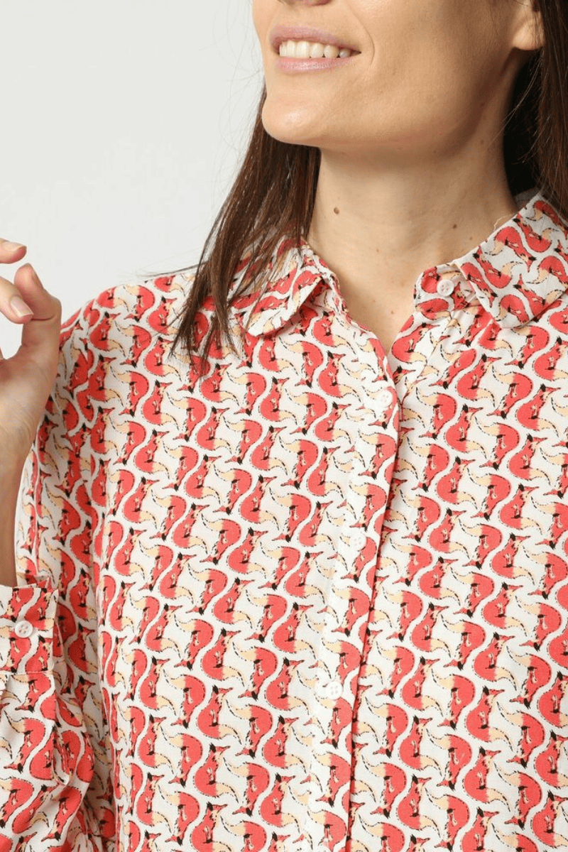 Blusa clásica mujer camisa algodón estampado retro geométrico botones manga larga, fresca y ligera, ideal oficina casual, color rojo, talla 38, versátil y moderna, fácil combinación ✅Entrega 24/48h
