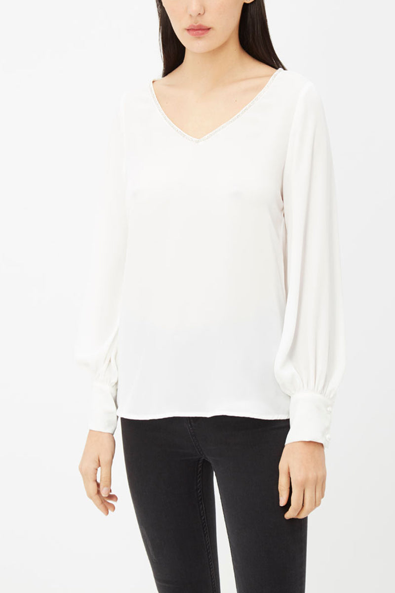 Blusa femenina elegante shirt top manga larga escote V puños abotonados tela suave estilo sofisticado color blanco talla 38 versátil office casual cómoda outfit formal ✅Entrega 24/48h
