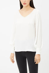 Blusa femenina elegante shirt top manga larga escote V puños abotonados tela suave estilo sofisticado color blanco talla 38 versátil office casual cómoda outfit formal ✅Entrega 24/48h