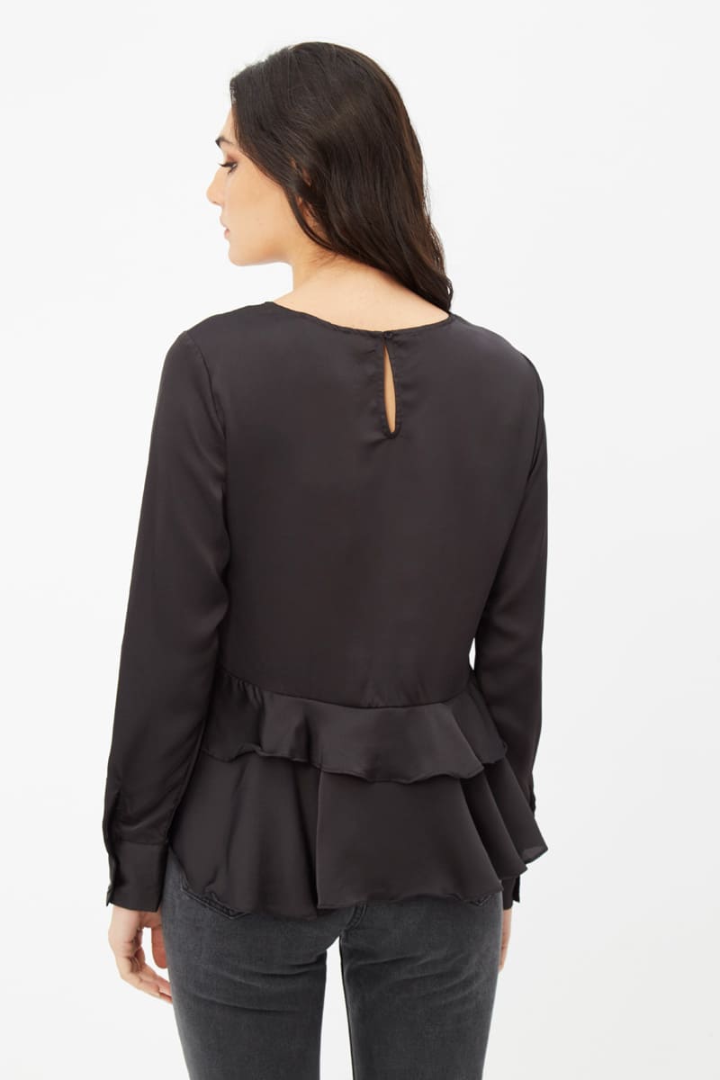 Blusa mujer, camisa, top elegante, manga larga, volante doble, detalle lagrima botón trasero, tejido fluido, formal-casual, talla 38, color negro, cómoda, versátil, fácil combinar ✅Entrega 24/48h