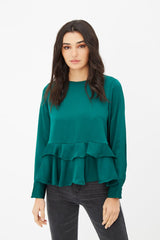 Blusa mujer, top, shirt, modelo avolantado, manga larga, cuello redondo, detalle volantes, abertura lágrima botón trasero, color verde, talla 38, look elegante y versátil, ideal oficina y eventos ✅Entrega 24/48h