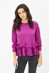 Blusa mujer elegante satén volantes, shirt top satinado, manga larga, corte regular, tejido suave, color fucsia, talla 38, cómoda y sofisticada, ideal oficina o casual ✅Entrega 24/48h
