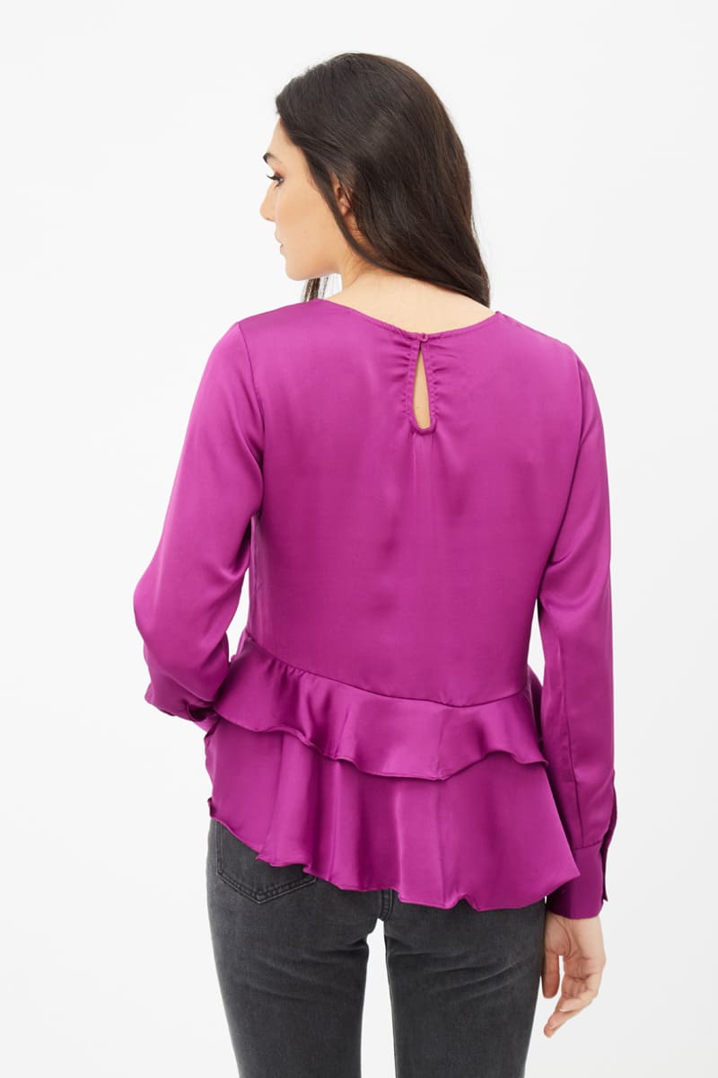 Blusa mujer elegante satén volantes, shirt top satinado, manga larga, corte regular, tejido suave, color fucsia, talla 38, cómoda y sofisticada, ideal oficina o casual ✅Entrega 24/48h