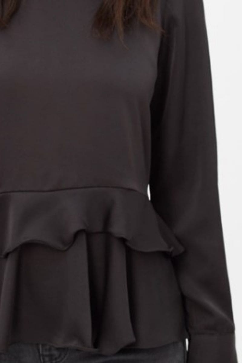 Blusa mujer, camisa, top elegante, manga larga, volante doble, detalle lagrima botón trasero, tejido fluido, formal-casual, talla 38, color negro, cómoda, versátil, fácil combinar ✅Entrega 24/48h