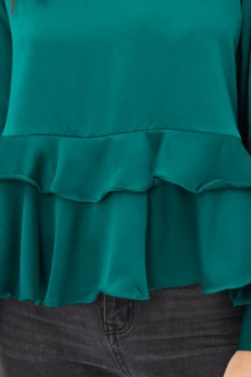 Blusa mujer, top, shirt, modelo avolantado, manga larga, cuello redondo, detalle volantes, abertura lágrima botón trasero, color verde, talla 38, look elegante y versátil, ideal oficina y eventos ✅Entrega 24/48h