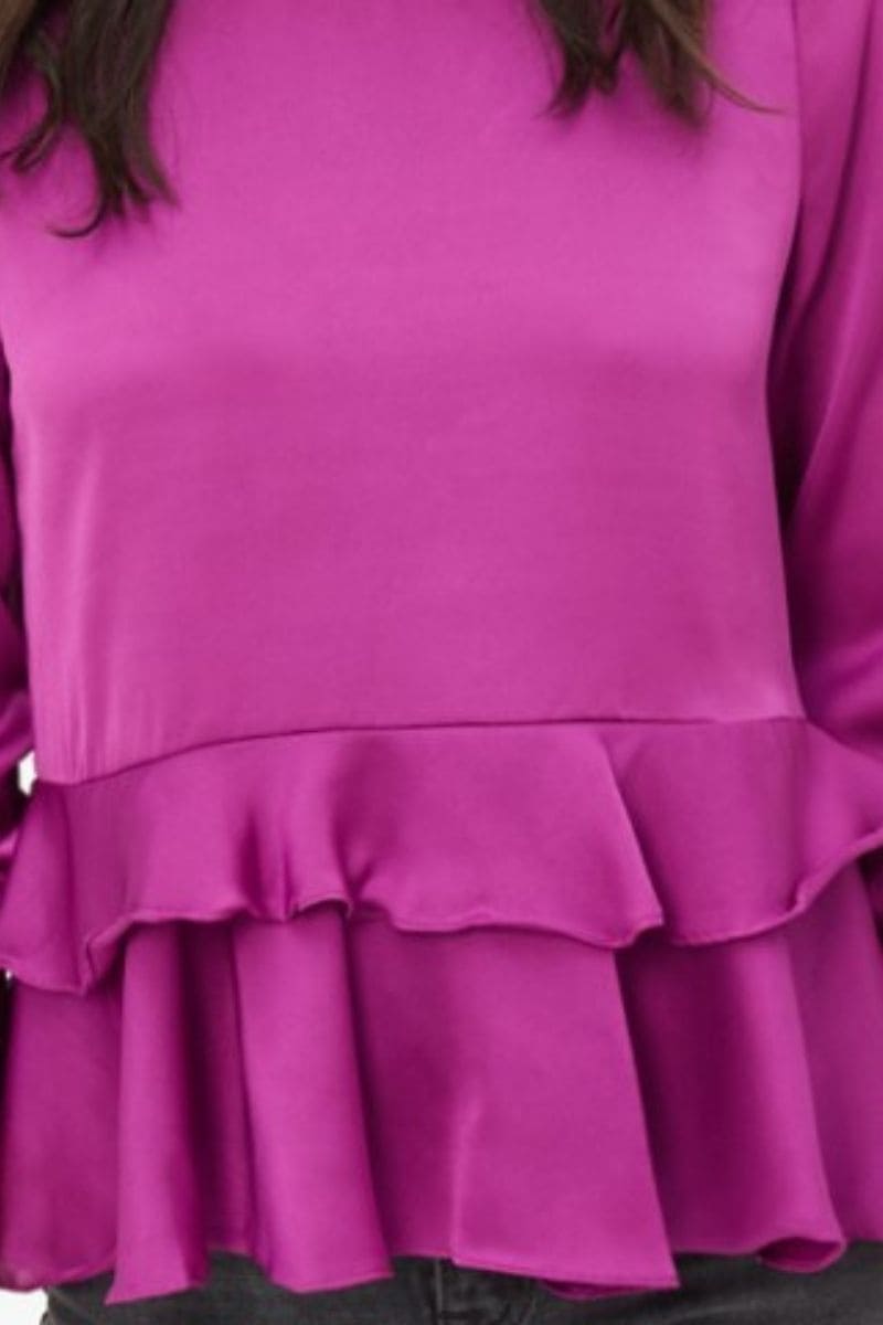 Blusa mujer elegante satén volantes, shirt top satinado, manga larga, corte regular, tejido suave, color fucsia, talla 38, cómoda y sofisticada, ideal oficina o casual ✅Entrega 24/48h