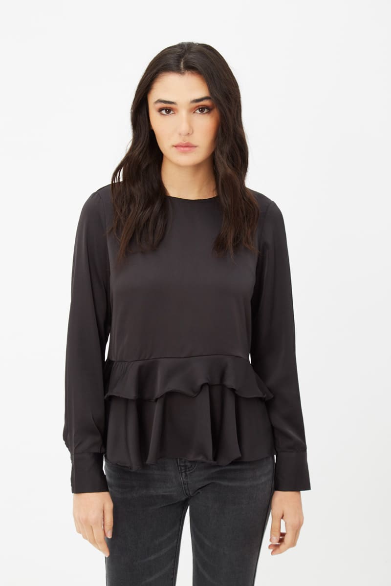 Blusa mujer, camisa, top elegante, manga larga, volante doble, detalle lagrima botón trasero, tejido fluido, formal-casual, talla 38, color negro, cómoda, versátil, fácil combinar ✅Entrega 24/48h
