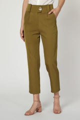 Pantalón mujer skinny crop algodón moda elegante casual bolsillos laterales tiro alto cinturilla trabillas botón decorativo color verde oliva talla 36 ✅Entrega 24/48h