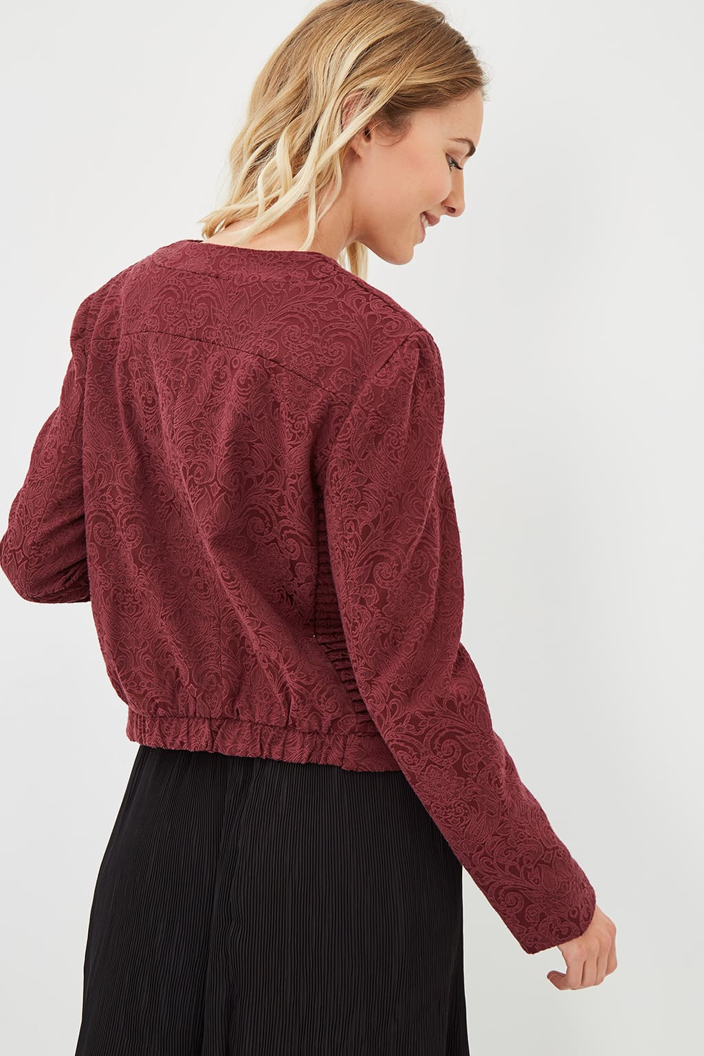 Chaqueta mujer, abrigo, jacket, diseño jacquard paisley algodón, manga larga, cierre cremallera y botones, bajo elástico, cuello pico, color burdeos, talla 40, elegante y cómodo, perfecta primavera-otoño ✅Entrega 24/48h