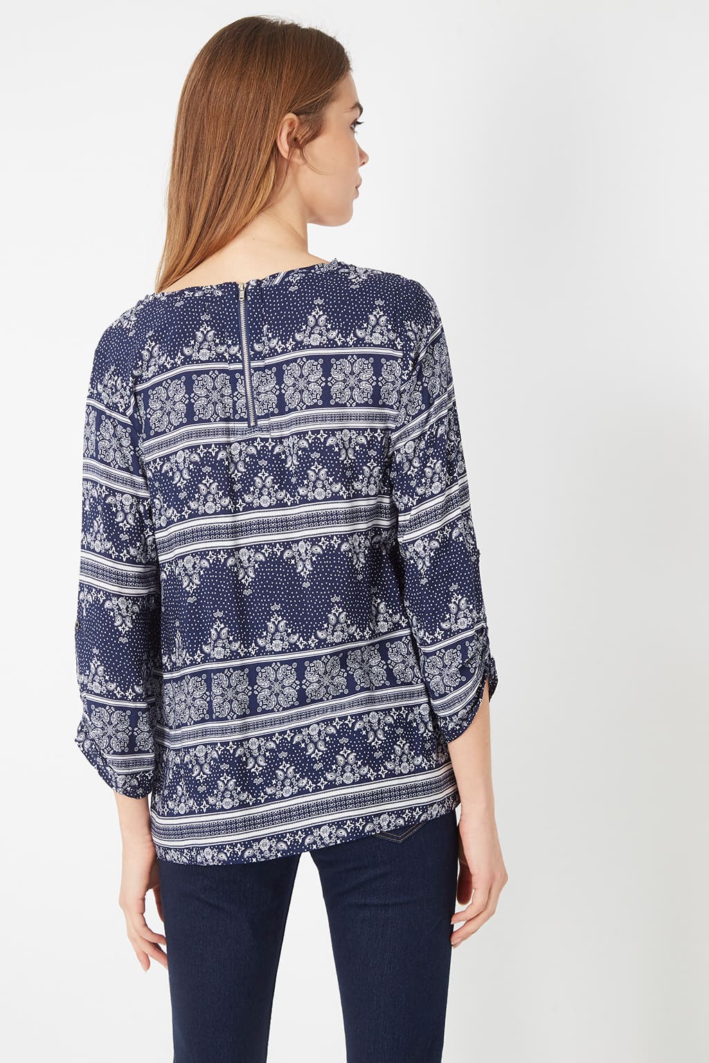 Blusa bohemia mujer, top manga tres cuartos, escote en V, estampado floral azul marino, tejido suave, elegante, cómoda, ideal oficina o ciudad, talla 38, look versátil, fácil de combinar, ✅Entrega 24/48h
