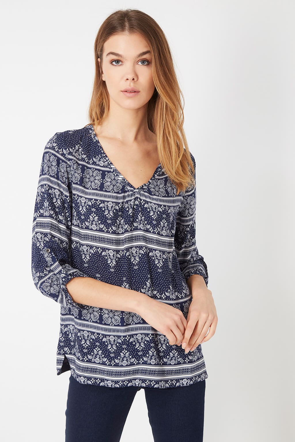 Blusa bohemia mujer, top manga tres cuartos, escote en V, estampado floral azul marino, tejido suave, elegante, cómoda, ideal oficina o ciudad, talla 38, look versátil, fácil de combinar, ✅Entrega 24/48h