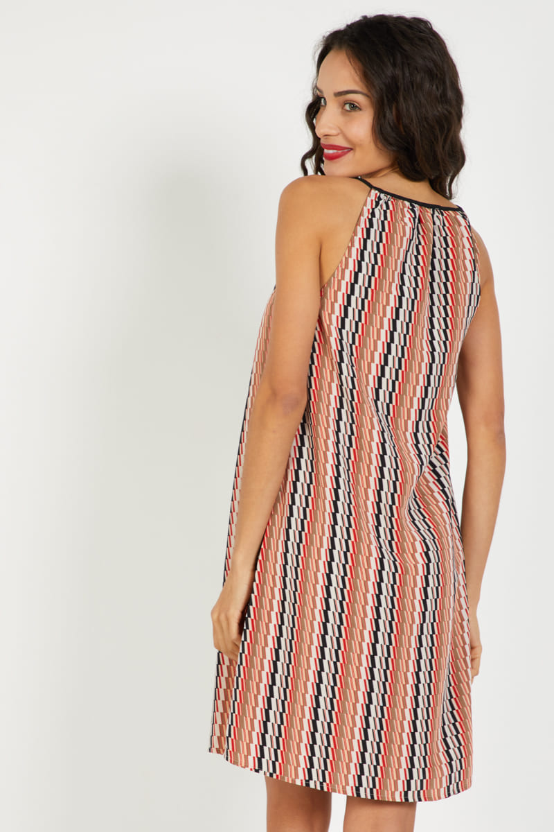 Vestido sin mangas ligero, dress casual, outfit verano diseño geométrico multicolor, corte recto, tejido fresco, cómodo y versátil, tallas 38, ideal urbano o casual, combina sandalias tacones, multicolor ✅Entrega 24/48h