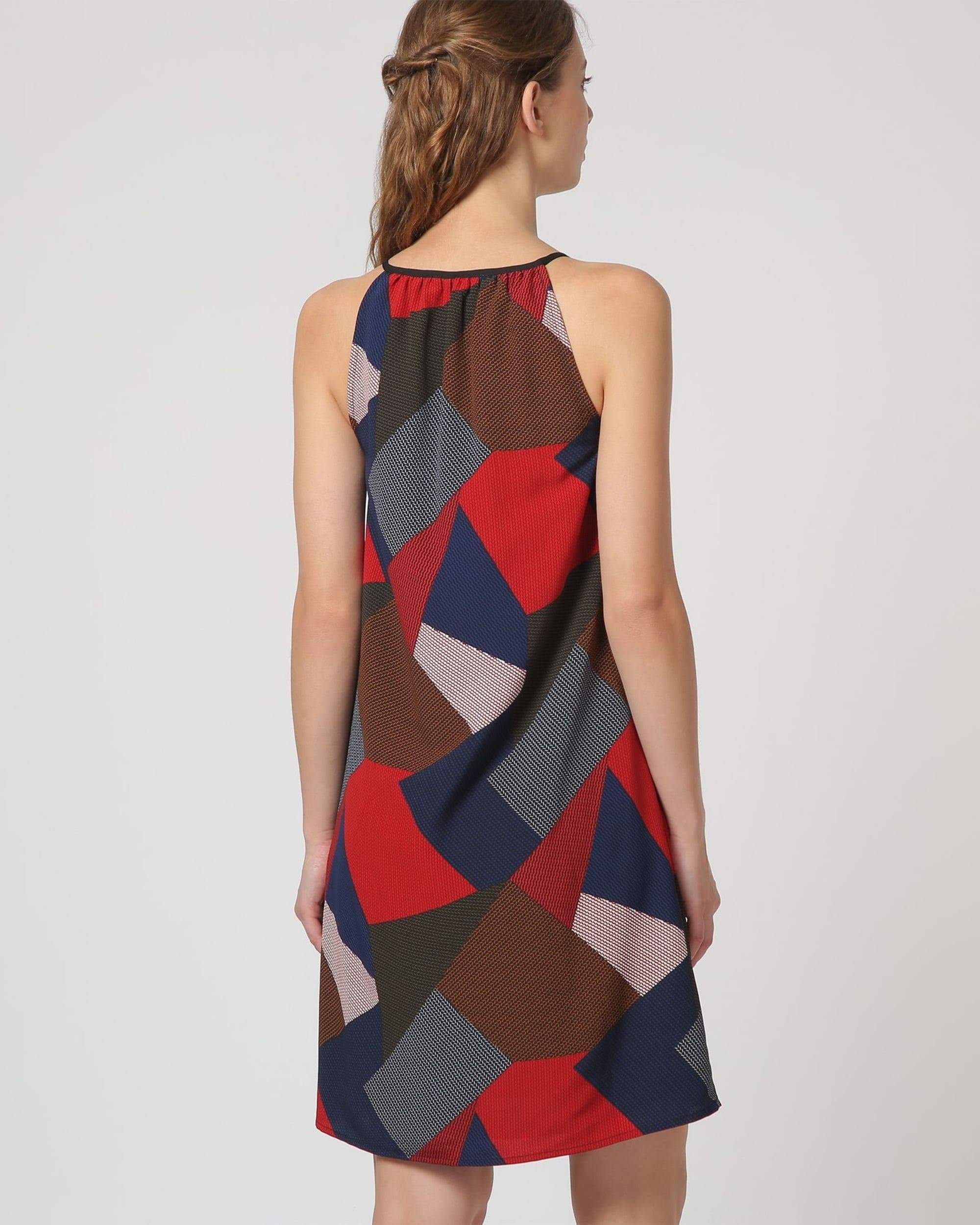 Vestido, dress, outfit corto tirantes finos estampado geométrico, borlas decorativas, escote con abertura, forro interior, cómodo, versátil, elegante, disponible talla 38, colores rojo azul negro marrón, estilo juvenil ✅Entrega 24/48h
