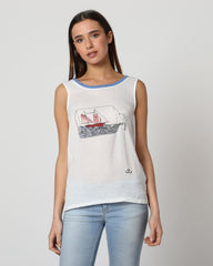 Blusa sin mangas mujer, camiseta top fresco algodón, diseño náutico ilustración barco, tejido ligero y suave, corte recto, color blanco, talla 38, casual urbana, fácil de combinar, ideal verano ✅Entrega 24/48h