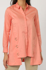 Blusón largo mujer camisa blusa elegante algodón detalle anillas manga larga puño clásico corte holgado coral talla 36 cómodo versátil ideal oficina casual primavera verano ✅Entrega 24/48h