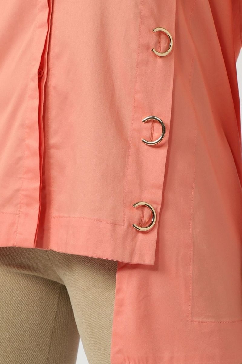 Blusón largo mujer camisa blusa elegante algodón detalle anillas manga larga puño clásico corte holgado coral talla 36 cómodo versátil ideal oficina casual primavera verano ✅Entrega 24/48h