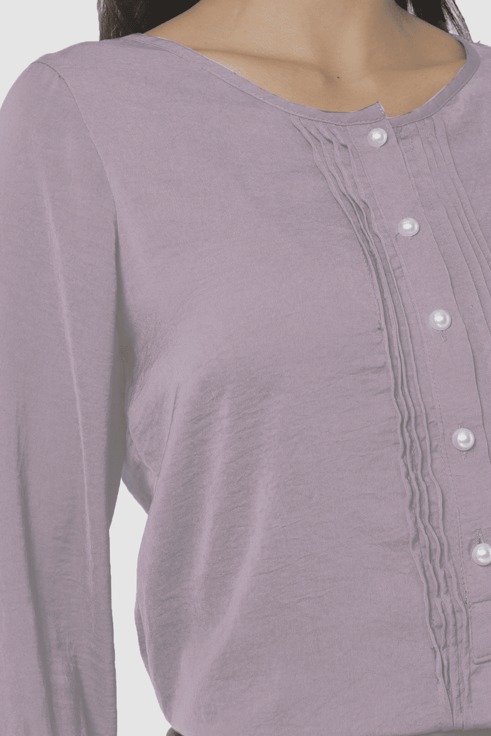 Blusa satinada mujer, camisa fluida lila, cuello redondo amplio, botones frontales, detalle tablas panel delantero, manga larga elegante, cómoda, talla 38, look formal oficina casual ✅Entrega 24/48h