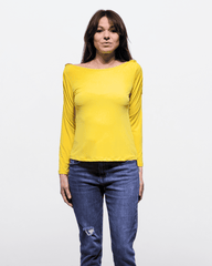 Top hombros descubiertos, blusa manga larga, diseño liso, tejido suave, escote amplio, casual, color amarillo, talla 38, ideal primavera verano, versátil y cómodo ✅Entrega 24/48h