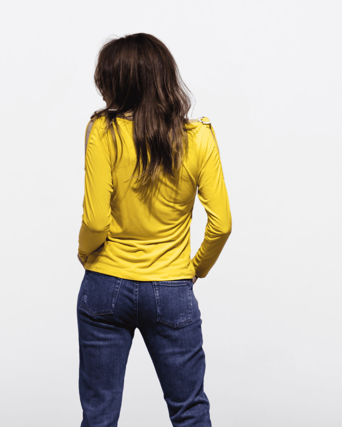 Top hombros descubiertos, blusa manga larga, diseño liso, tejido suave, escote amplio, casual, color amarillo, talla 38, ideal primavera verano, versátil y cómodo ✅Entrega 24/48h