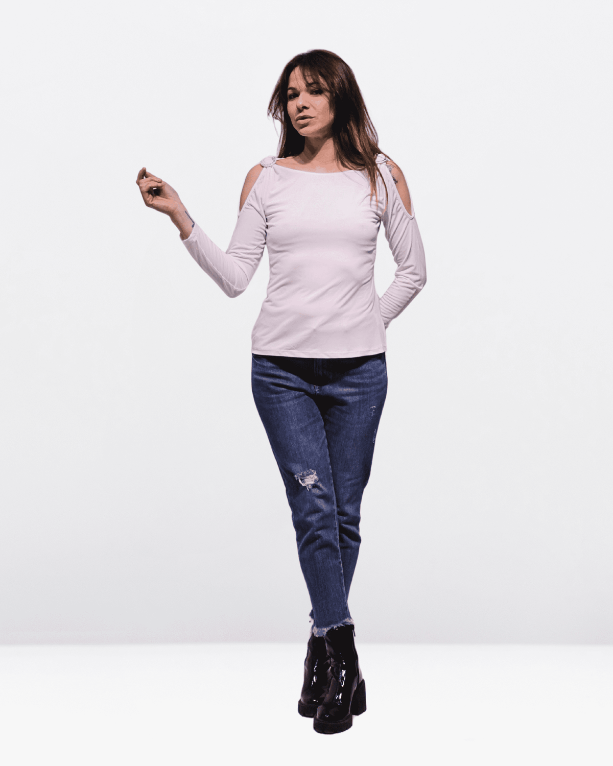 Blusa mujer hombros descubiertos manga larga top elegante tejido suave corte recto estilo casual rosa claro talla 38 versátil y cómoda ideal outfits urbanos ✅Entrega 24/48h
